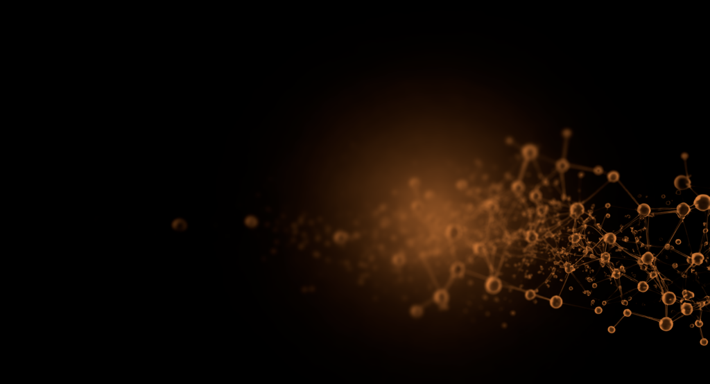 Abstract orange network of nodes and lines on dark background.