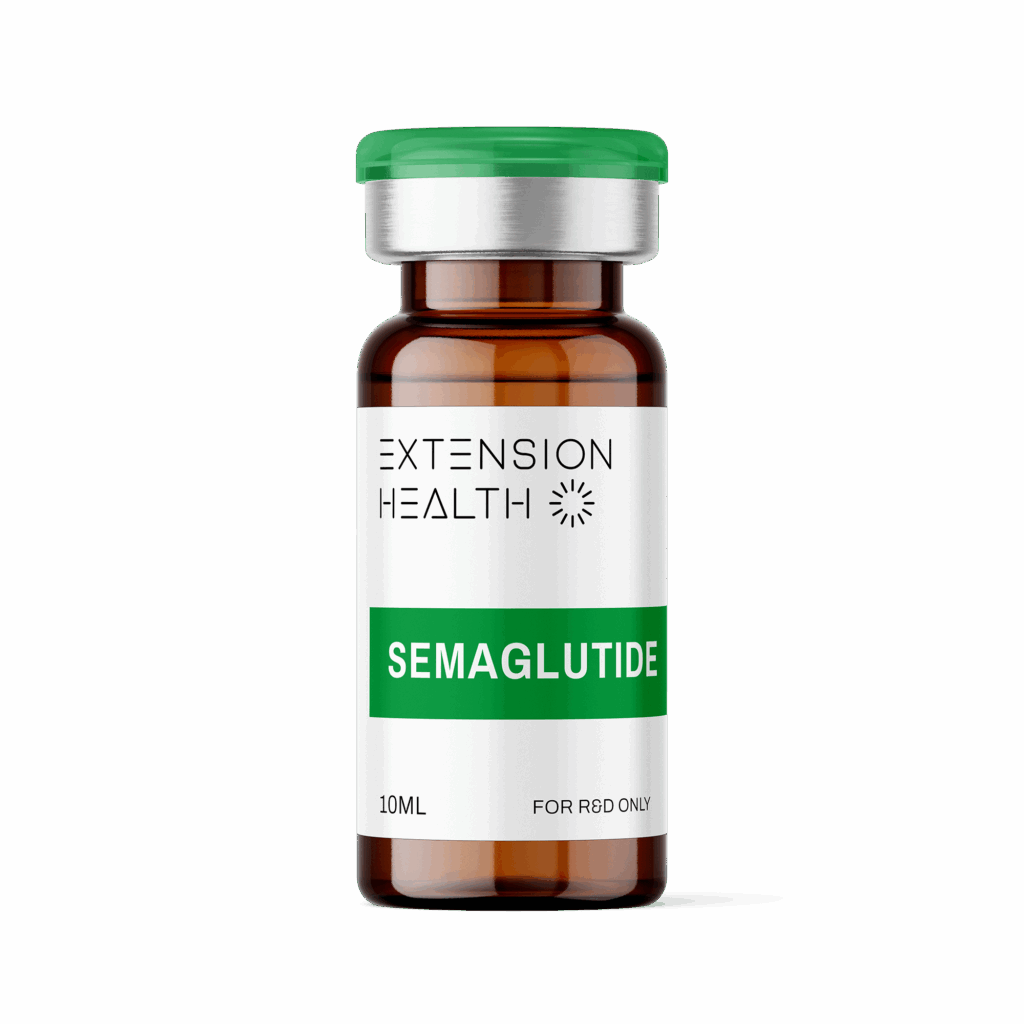 Amber bottle with "EXTENSION HEALTH" label, 10ml Semaglutide for R&D use, green and white design.