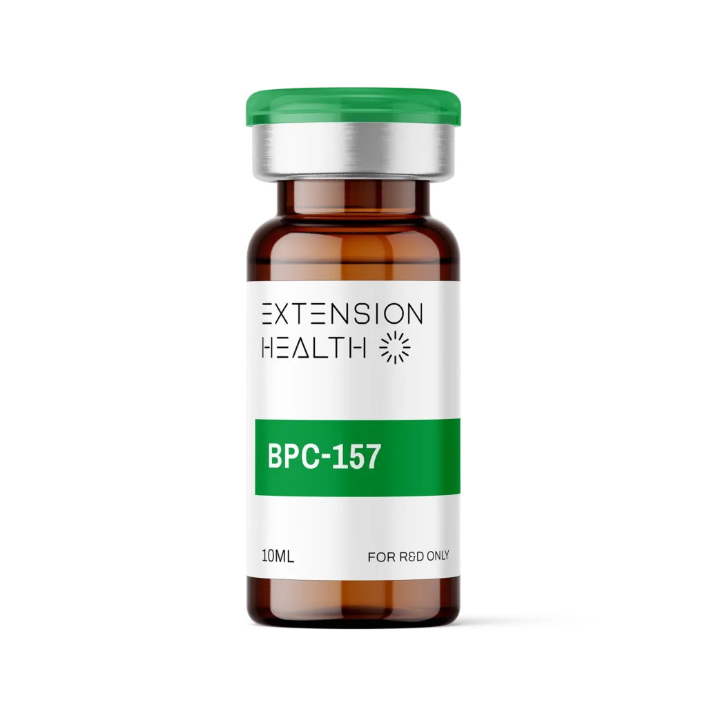 Brown glass vial labeled "BPC-157" by Extension Health, 10ML, for research use only.