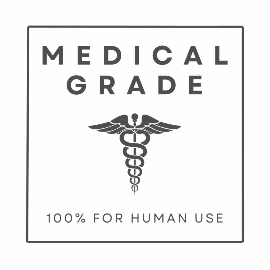 Logo with "Medical Grade" text, caduceus symbol, and "100% for Human Use" within a square border.