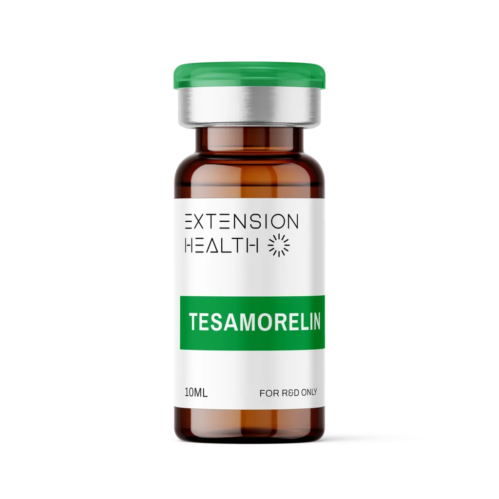 Brown vial labeled "Tesamorelin" from "Extension Health" for R&D use, 10mL with green cap.