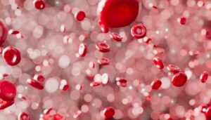 Red blood cells floating with a soft bokeh background effect.