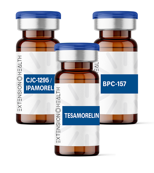 Three Extension Health vials labeled CJC-1295/Ipamorelin, Tesamorelin, and BPC-157.