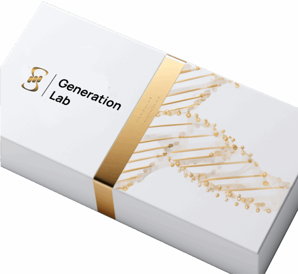 White rectangular box with Generation Lab text and gold DNA helix design and gold band.