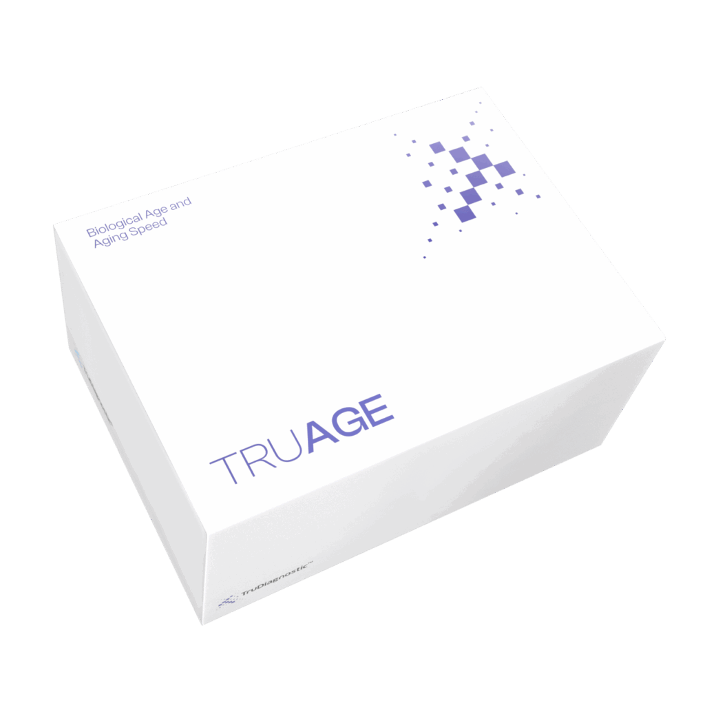 White TruAge biological age and aging speed test box with purple pixel design and TruDiagnostic logo.