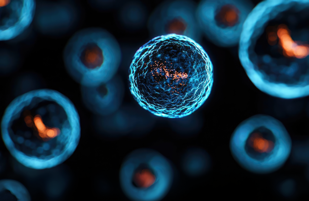 Blue glowing circular spheres with orange specks, central in sharp focus, dark background